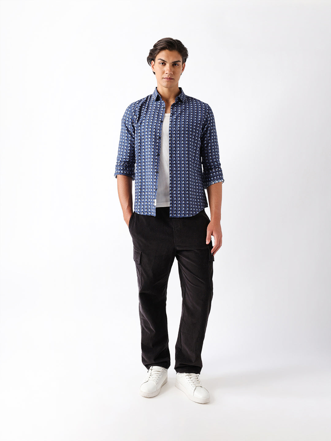 Blue Regular Fit Geometric Print Casual Shirt