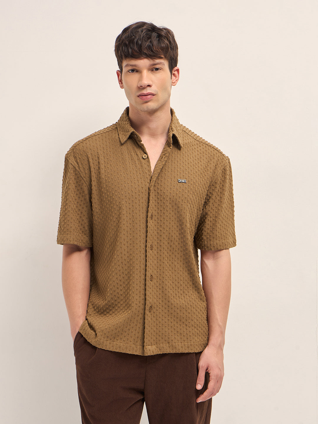 Mustard Textured Woven Oversized Fit Half Sleeve Casual Shirt