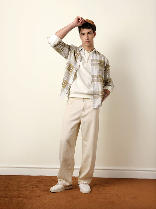 Olive & White Flannel Check Slim Fit Casual Shirt