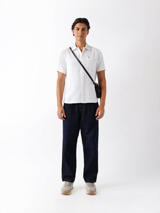 White Textured Weave Regular Fit Half-Sleeve Casual Shirt