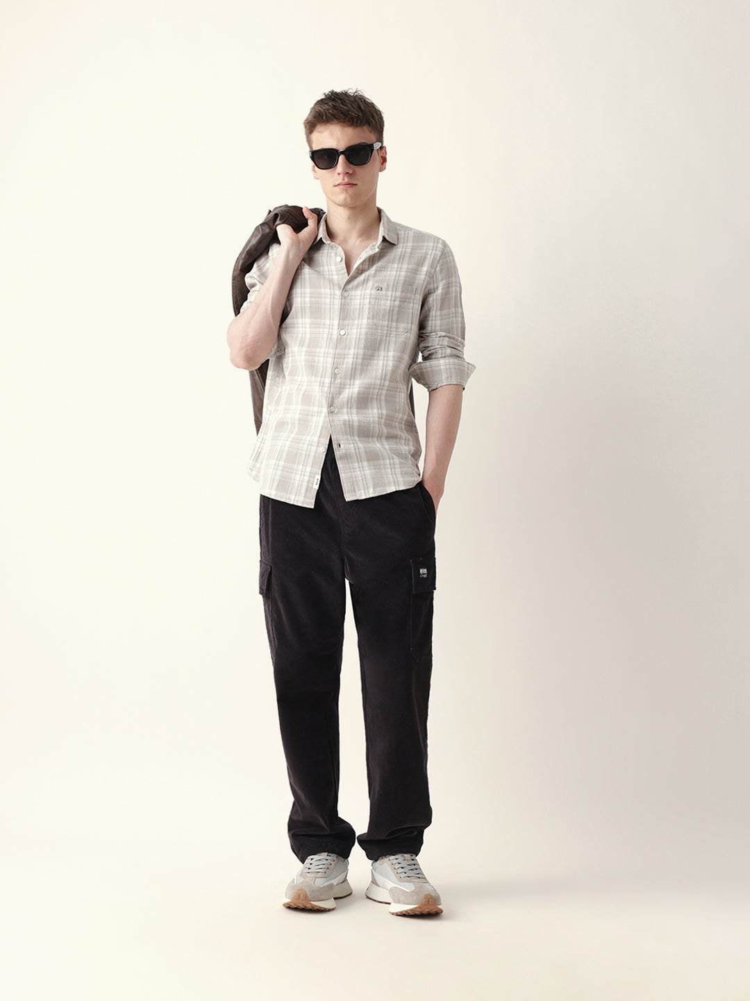 Beige Woven Checkered Slim Fit Casual Shirt