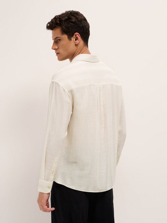 Cream Woven Vertical Stripes Relax Fit Casual Shirt