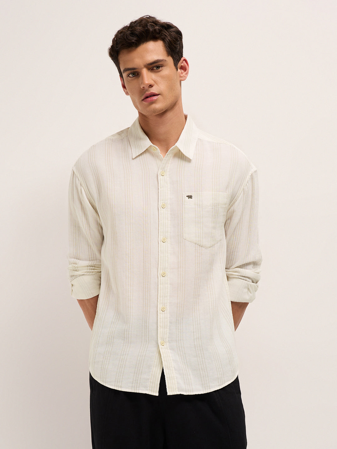 Cream Woven Vertical Stripes Relax Fit Casual Shirt
