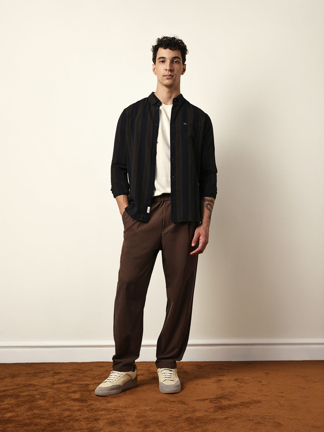 Black with Brown Woven Vertical Stripes Slim Fit Casual Shirt