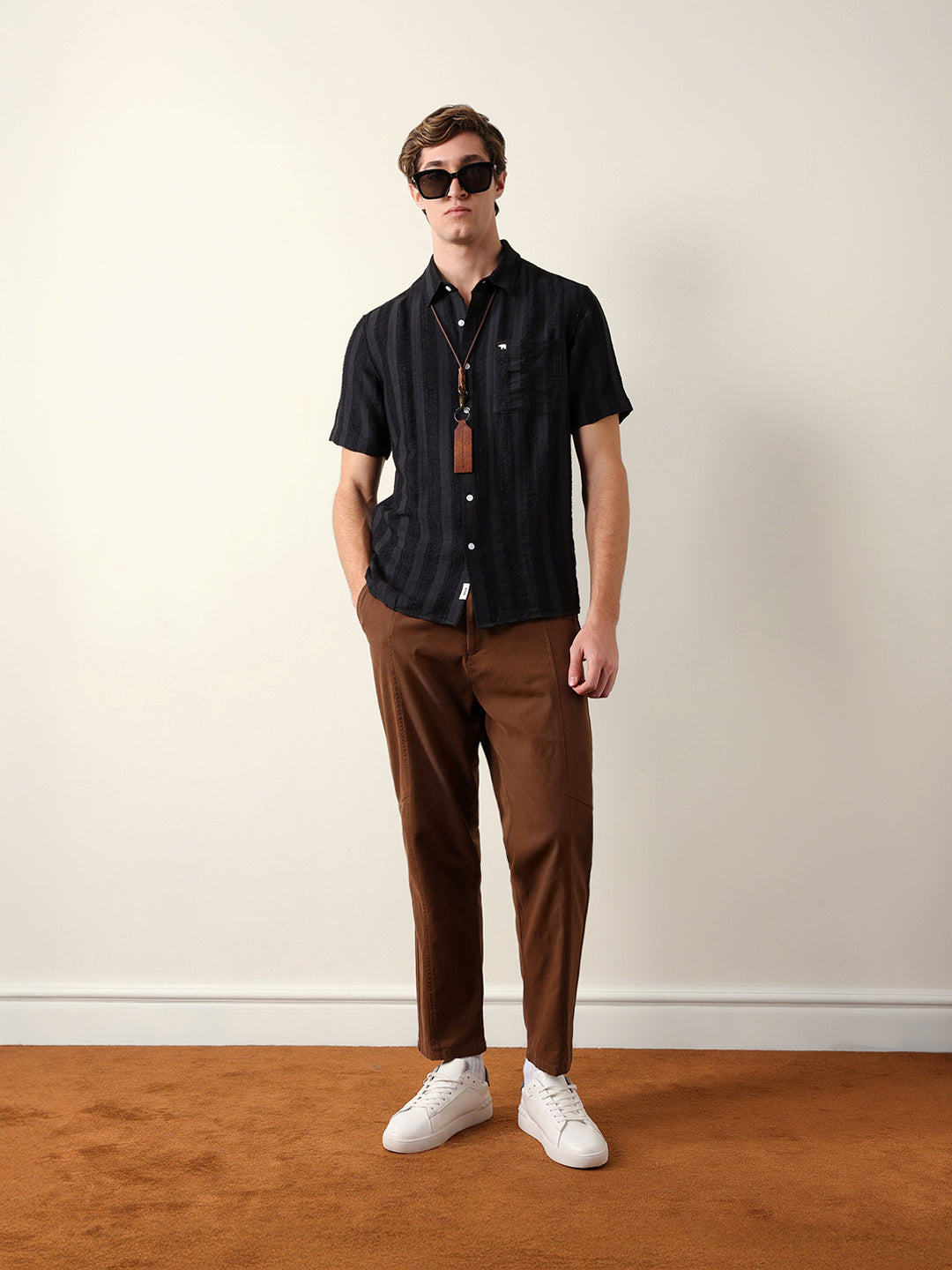 Black Vertical Stripe Dobby Woven Regular Fit Casual Shirt