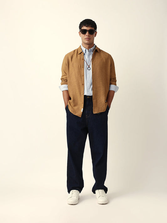 Beige Textured Woven Striped Slim Fit Casual Shirt