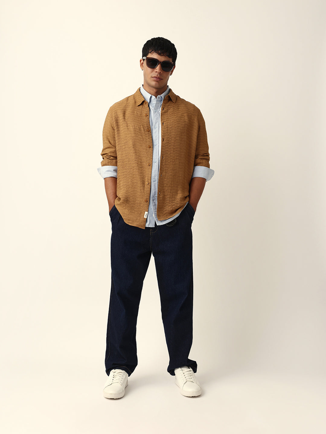 Beige Textured Woven Striped Slim Fit Casual Shirt