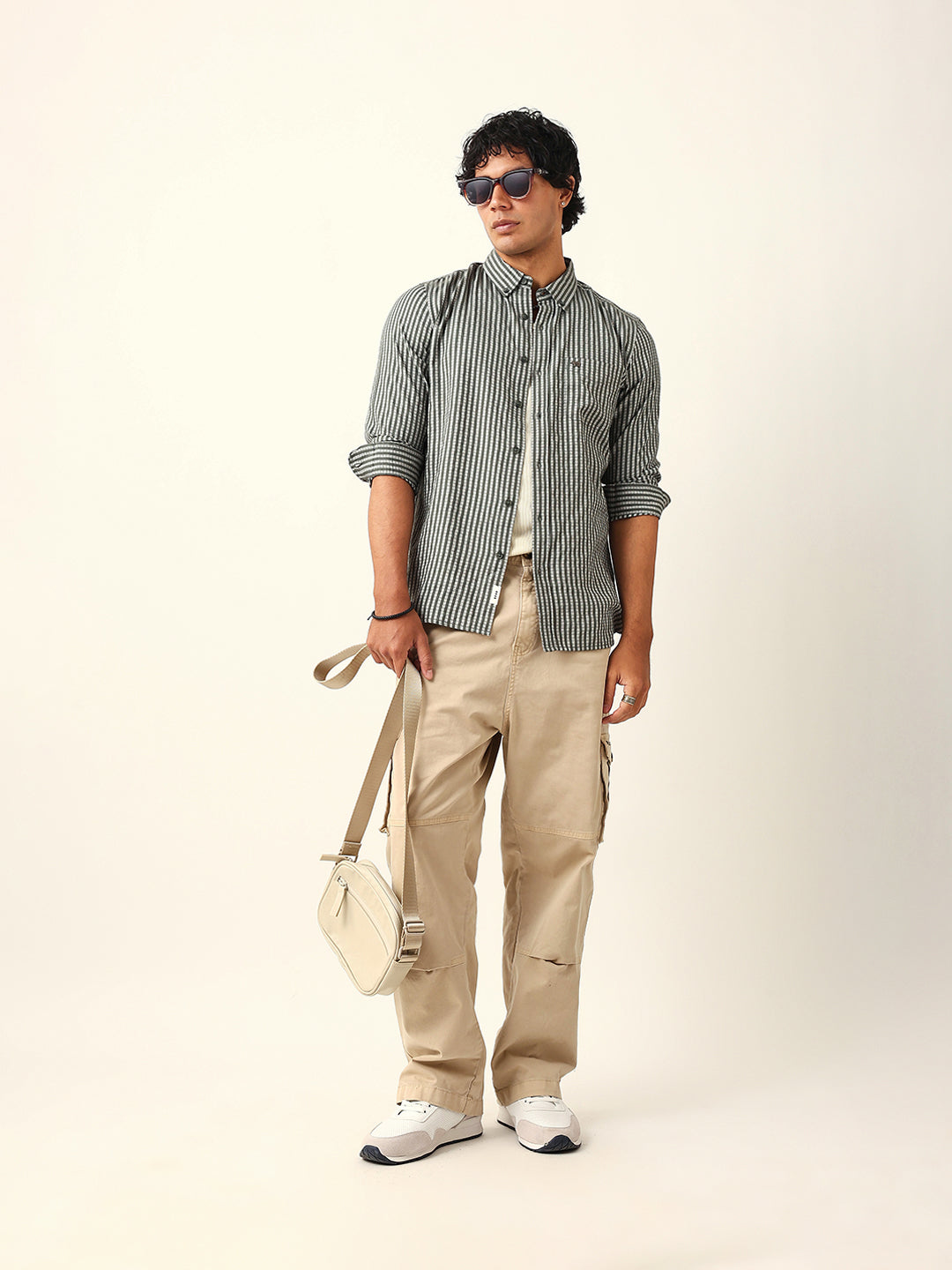 Olive & White Vertical Woven Striped Slim Fit Casual Shirt