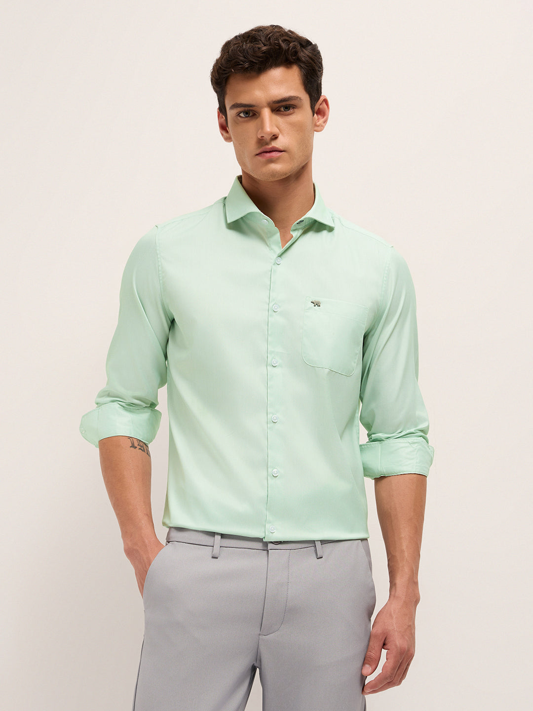 Green Herringbone Woven Tailored Fit Formal Shirt