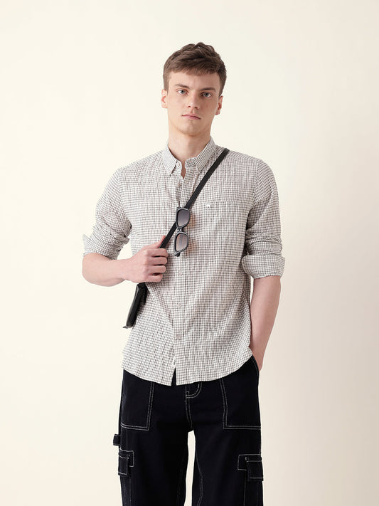 White with Black Woven Micro Checked Slim Fit Casual Shirt