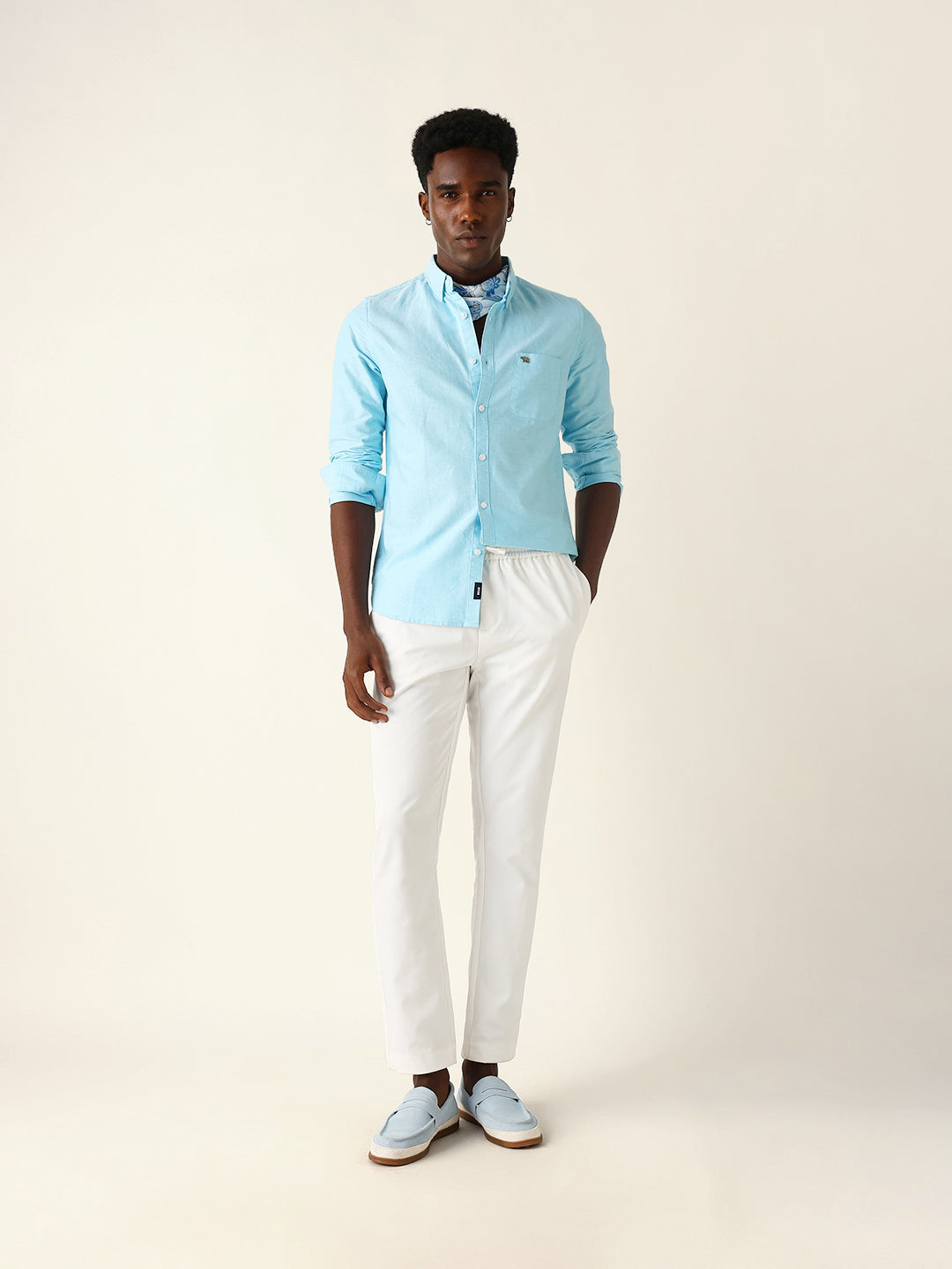 Sky Blue Cotton Solid Slim Fit Casual Shirt