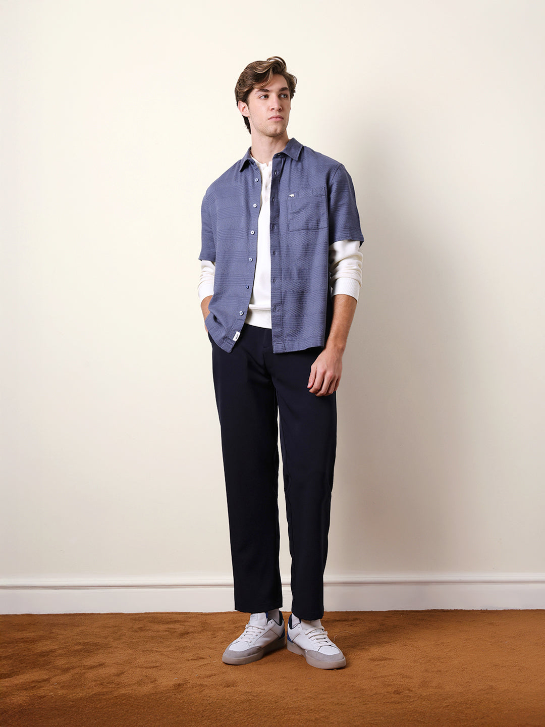 Blue Relaxed Fit Casual Half Sleeve Shirt with Textured Horizontal Stripes