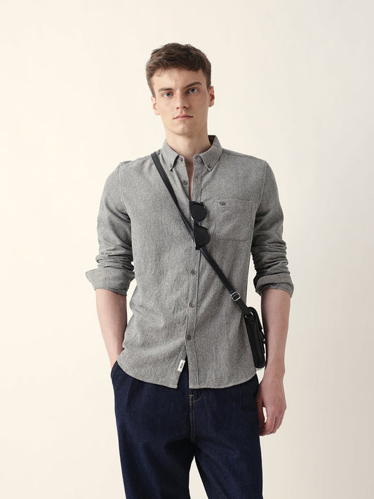 Grey Textured Woven Striped Slim Fit Casual Shirt