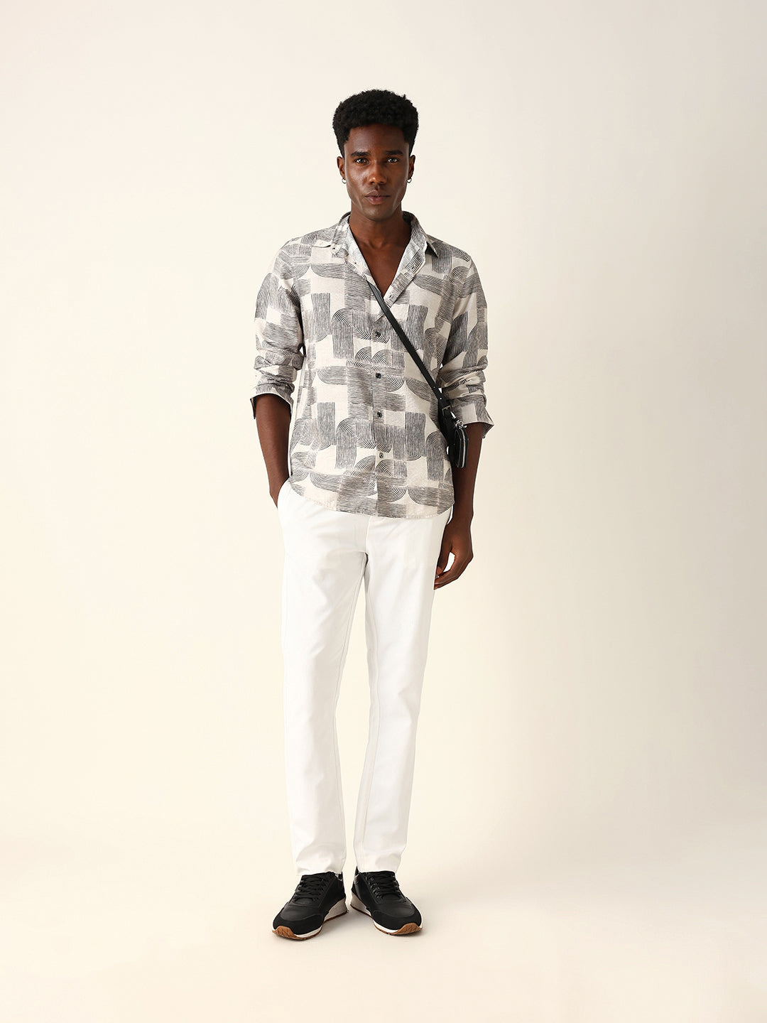 Beige & Black Geometric Printed Regular Fit Casual Shirt