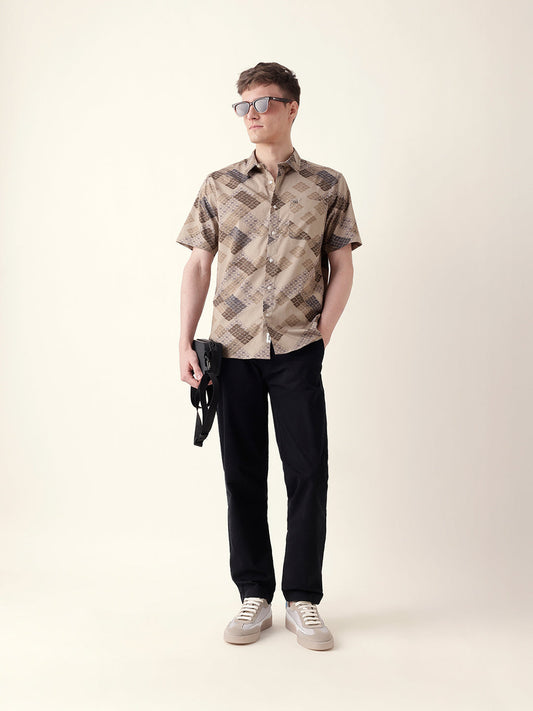 Beige Regular Fit Casual Shirt with Geometric Floral Grid Print