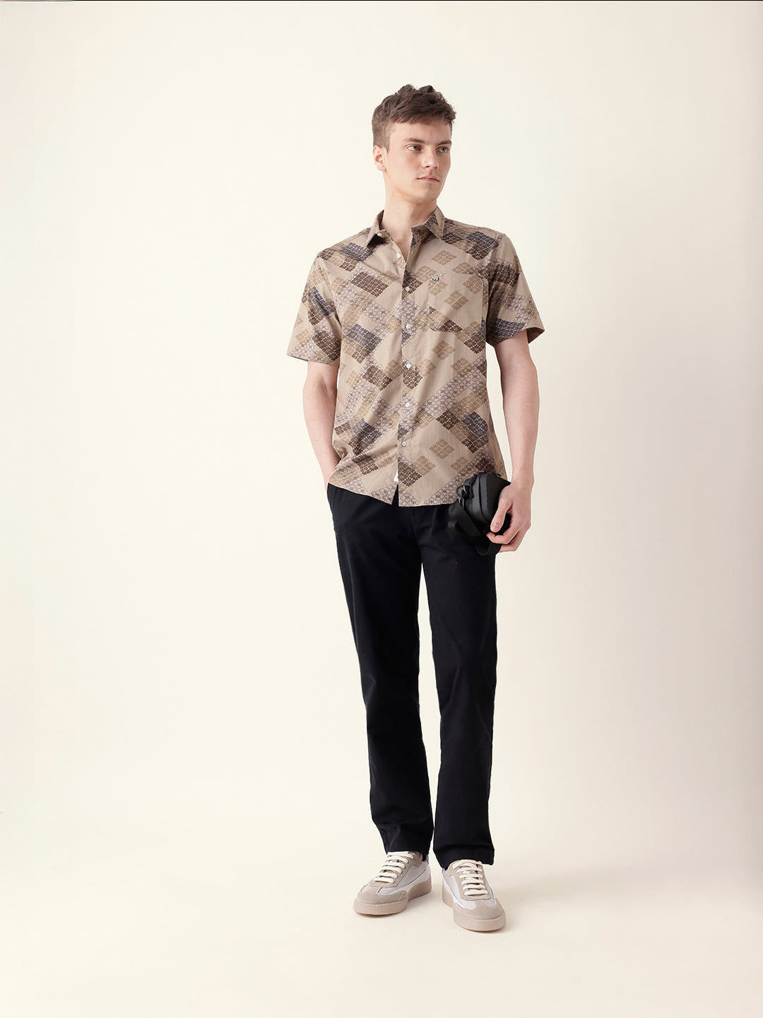 Beige Regular Fit Casual Shirt with Geometric Floral Grid Print