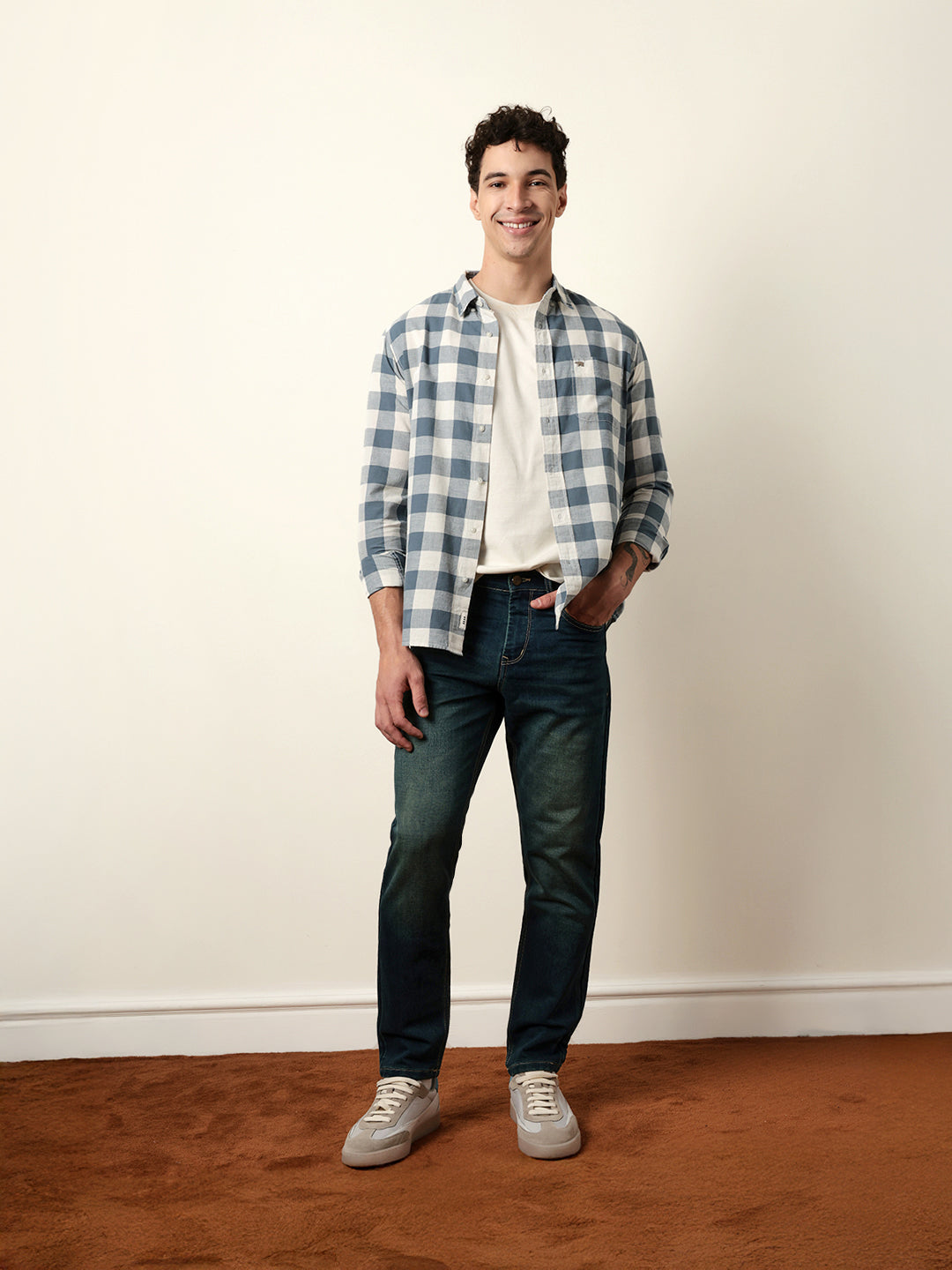 Blue with Cream Woven Checks Slim Fit Casual Shirt