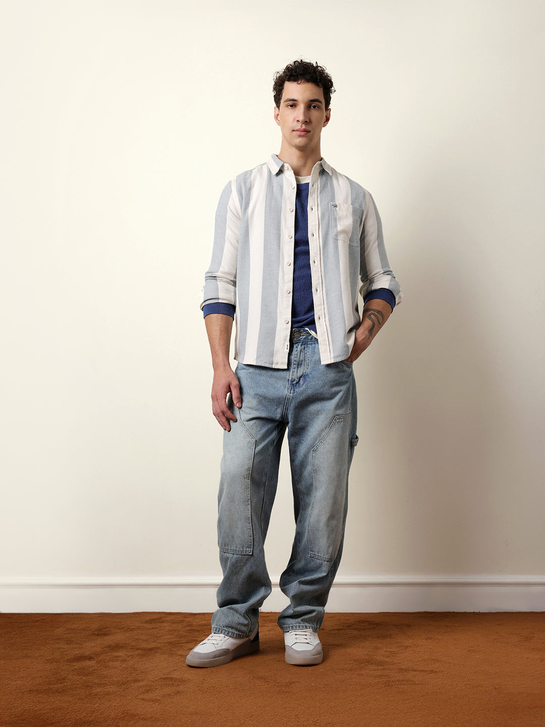 Blue & Cream Woven Striped Flannel Regular Fit Casual Shirt