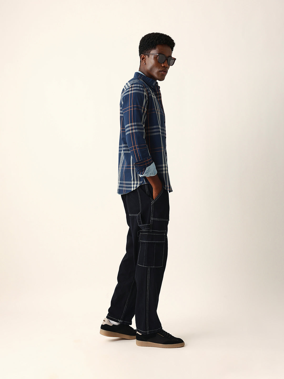Blue & Beige Windowpane Checked Slim Fit Woven Casual Shirt