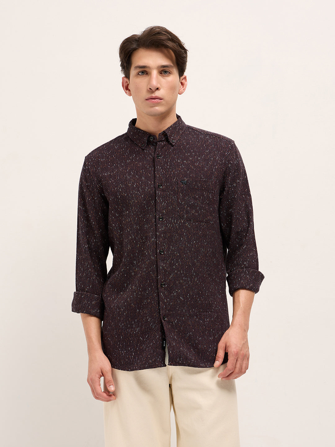 Rust Woven Design Cotton Blend Slim Fit Casual Shirt