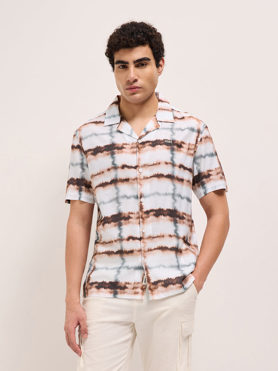 Multicolor Abstract Tie-Dye Print Relaxed Fit Cuban Collar Casual Shirt