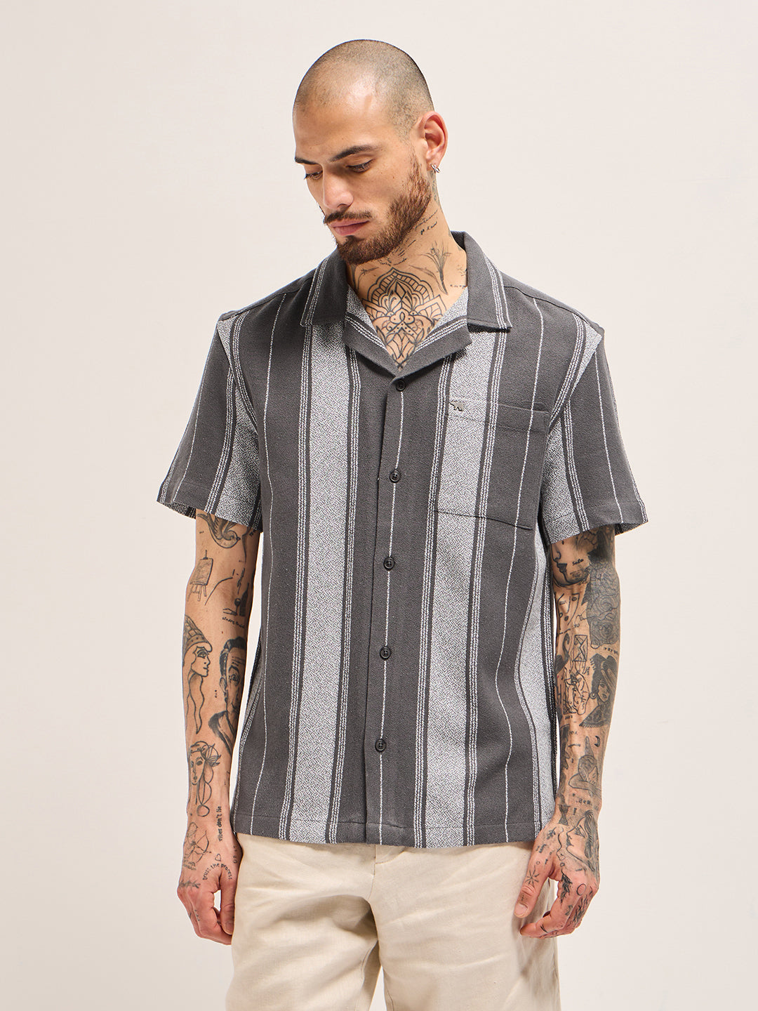 Grey Striped Regular Fit Casual Shirt with Cuban Collar Design