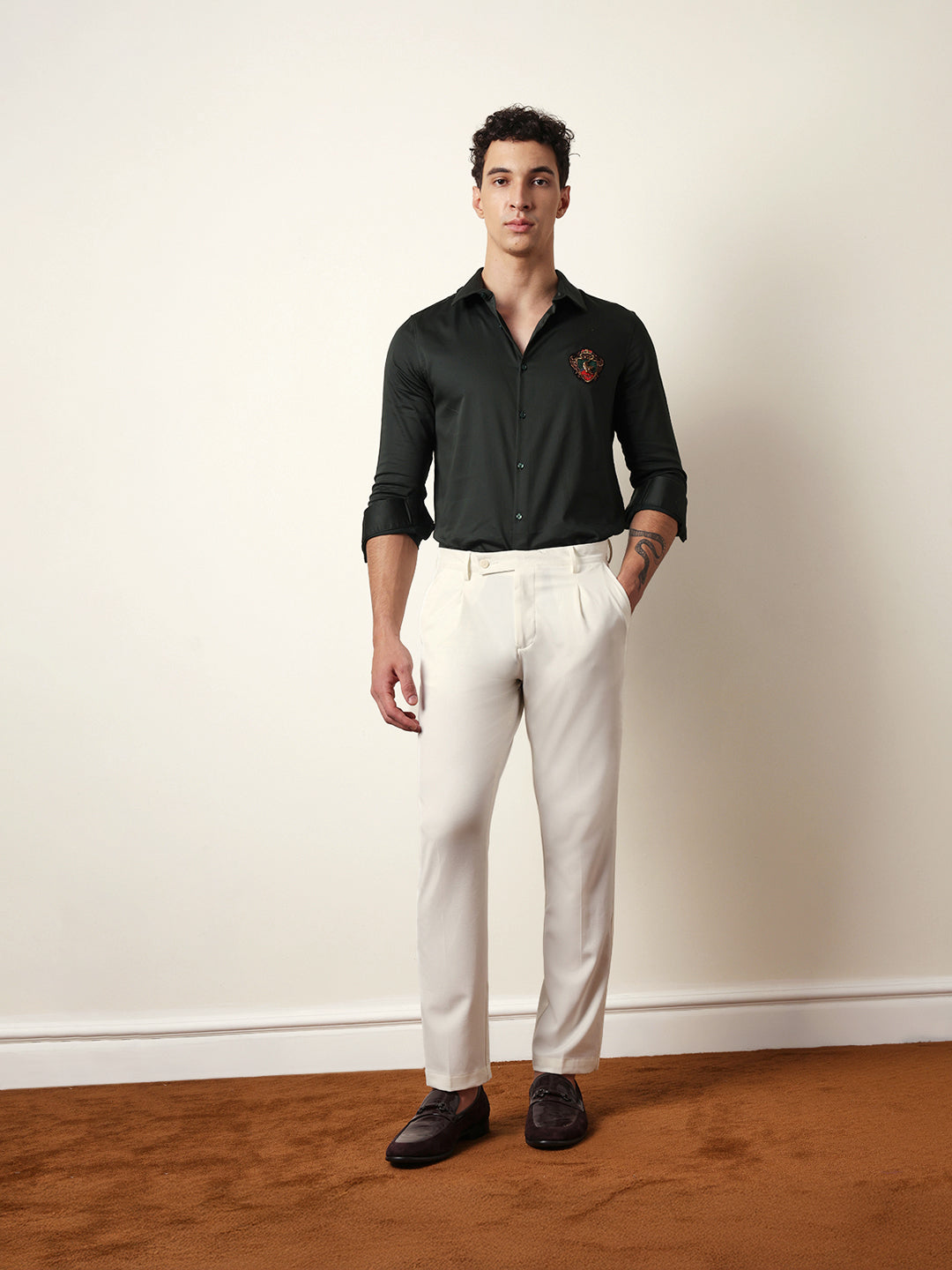 Dark Green Tailored Fit Regal Crest Embroidery Formal Party Shirt