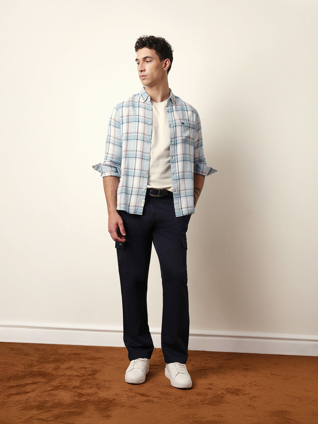 Sky Blue Textured Woven Check Slim Fit Casual Shirt