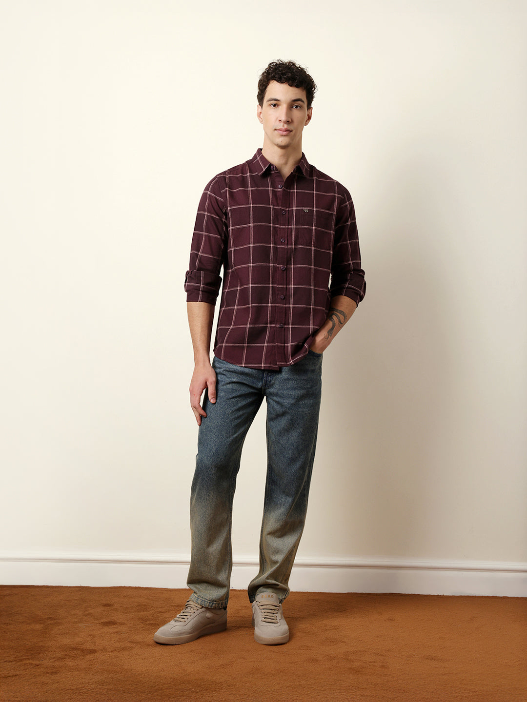 Maroon Checked Flannel Regular Fit Casual Shirt
