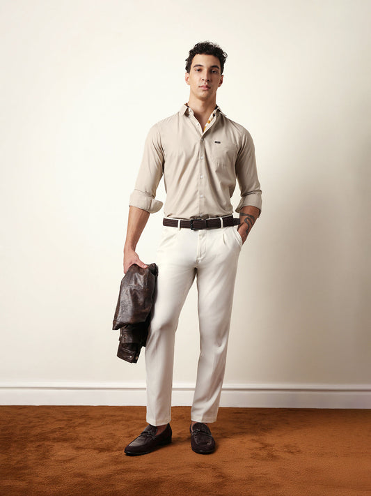 Beige Solid Slim Fit Casual Shirt with a Classic Semi-Formal Look