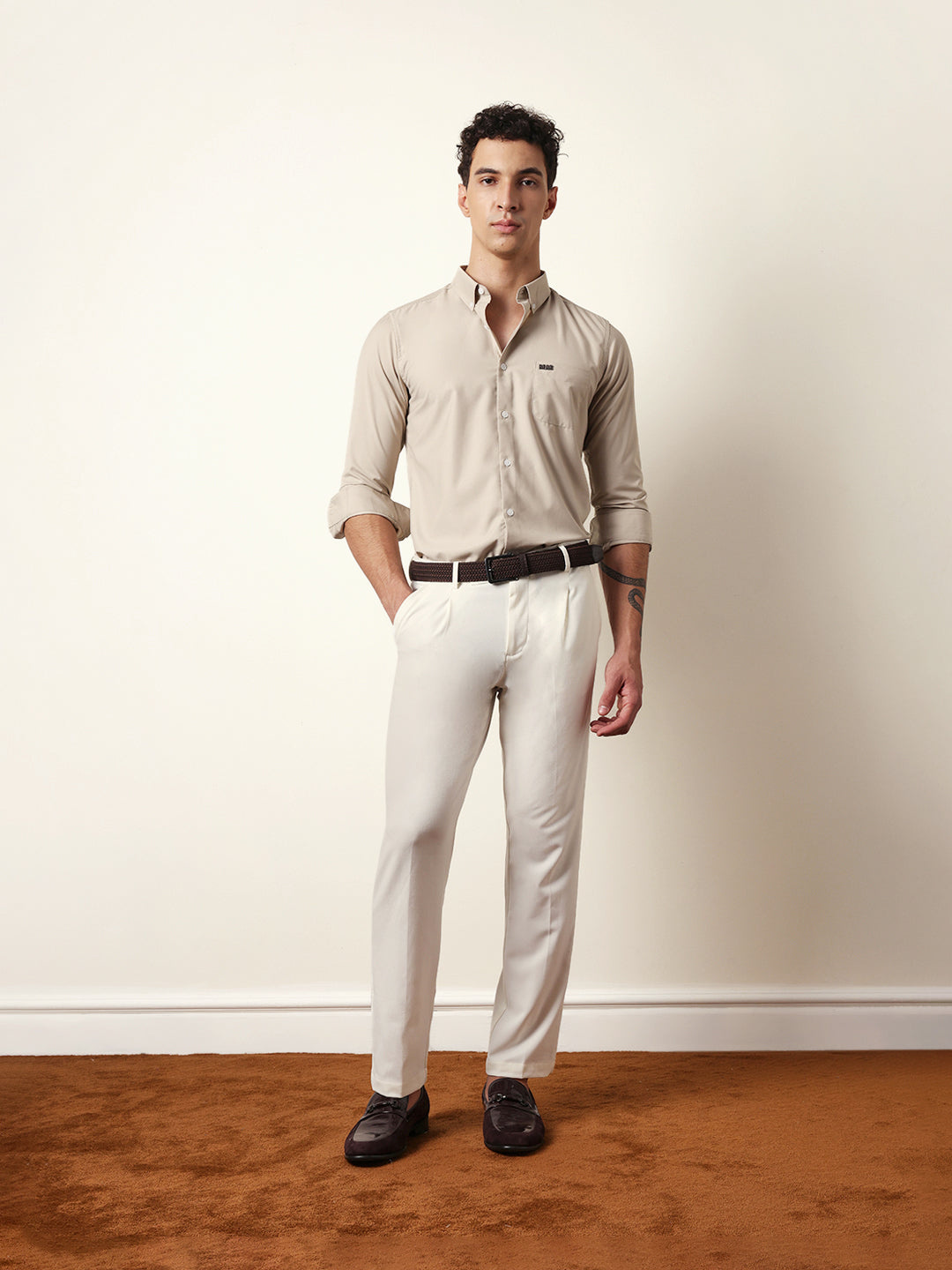 Beige Solid Slim Fit Casual Shirt with a Classic Semi-Formal Look