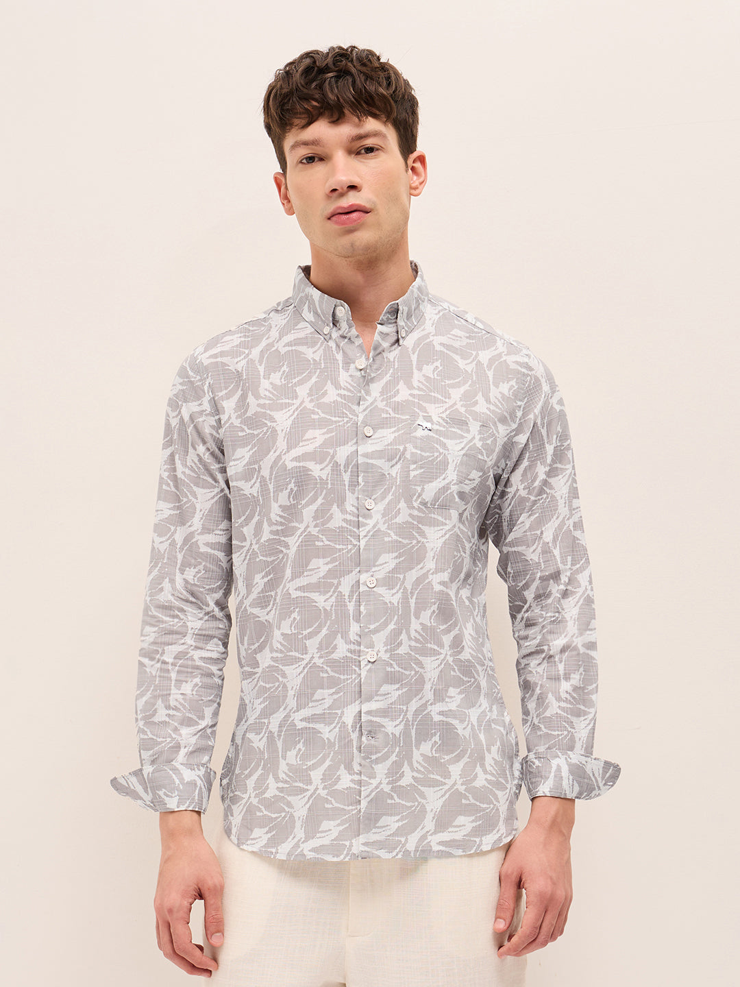 Beige Slim Fit Casual Shirt with All-Over Leaf Motif Print