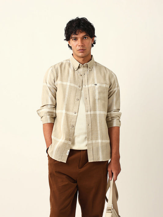 Beige & White Woven Checked Slim Fit Casual Shirt with Button-Down Collar