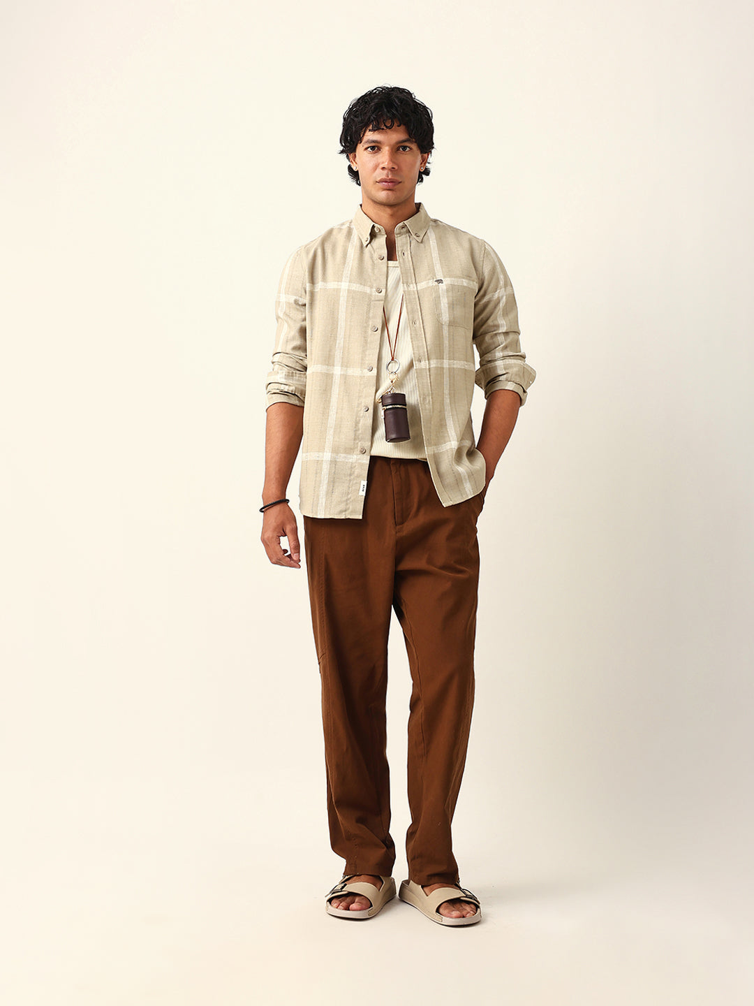 Beige & White Woven Checked Slim Fit Casual Shirt with Button-Down Collar