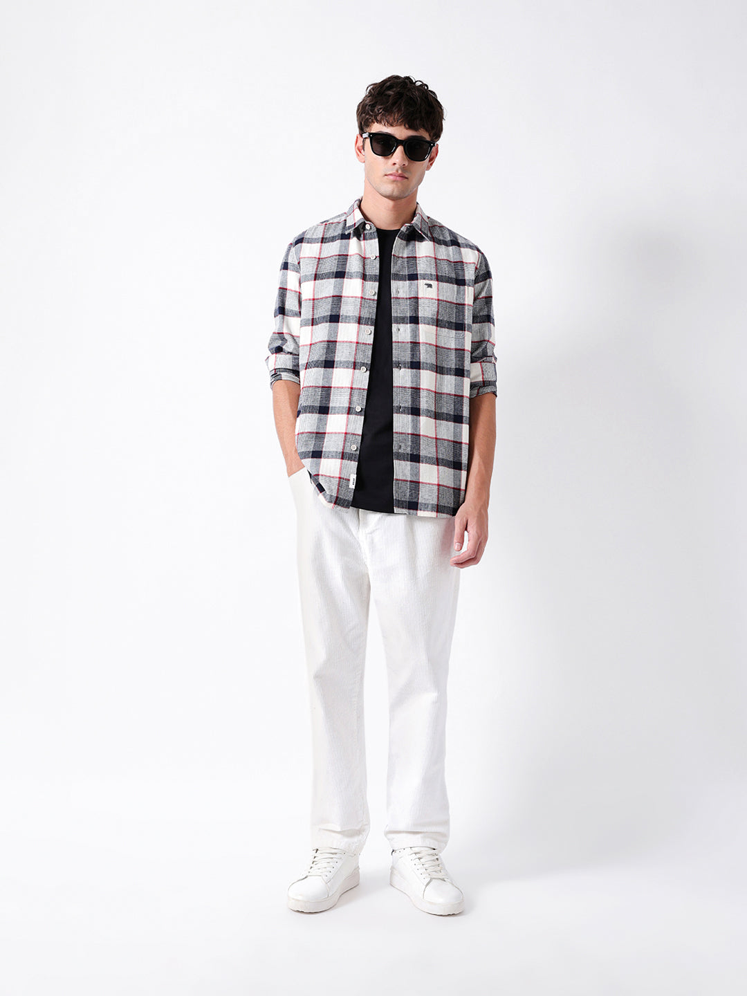 Blue & Cream Herringbone Check Slim Fit Casual Shirt