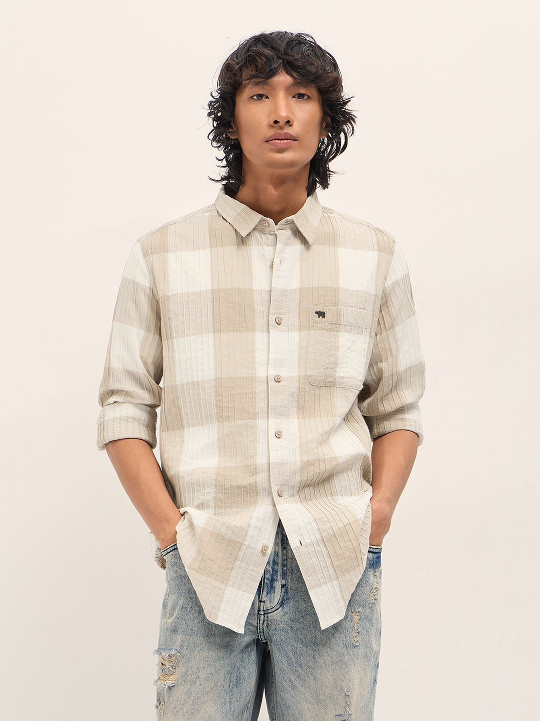 Beige Slim Fit Casual Shirt with Textured Stripe and Block Check Design