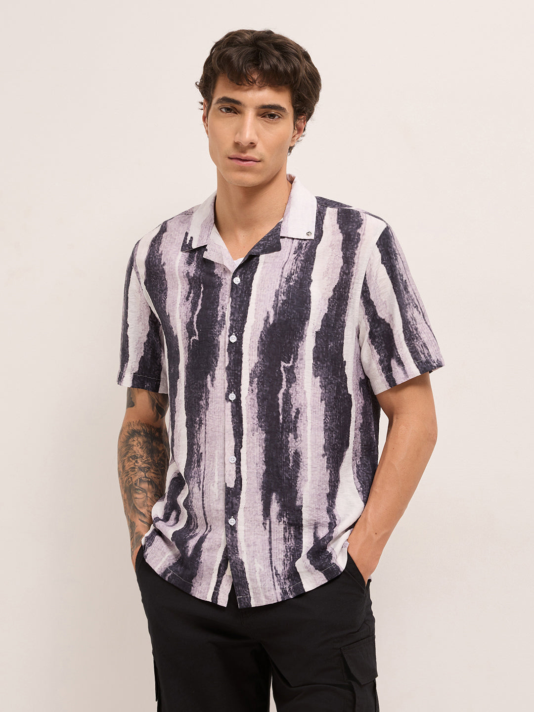 Pink & Black Abstract Brushstroke Print Relaxed Fit Casual Shirt