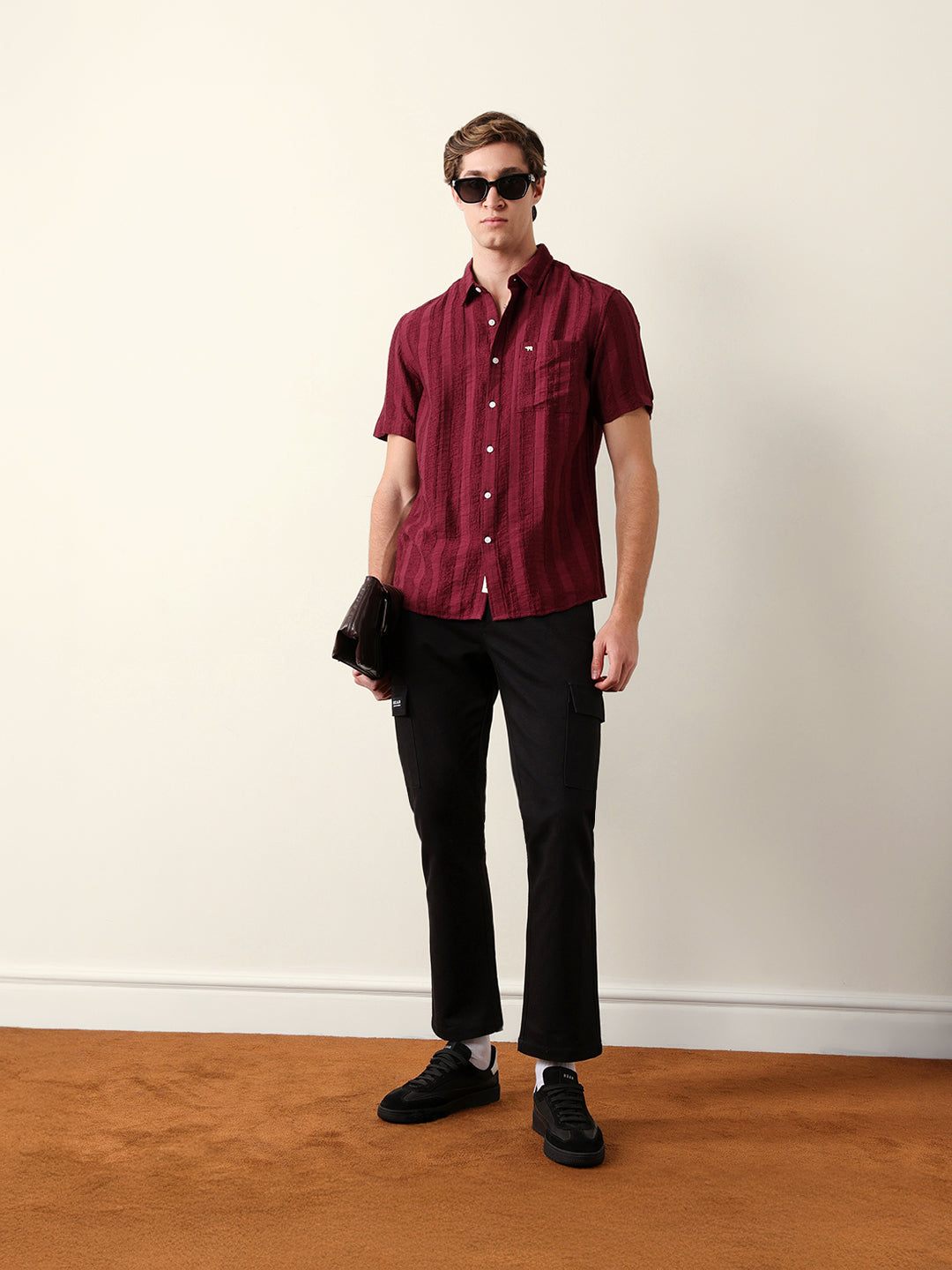 Rust Vertical Stripe Dobby Woven Regular Fit Casual Shirt