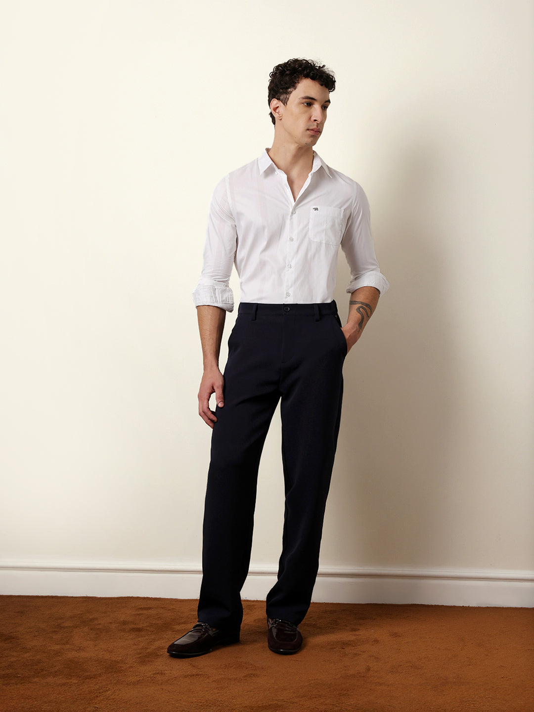 White Woven Textured Solid Slim Fit Casual Shirt