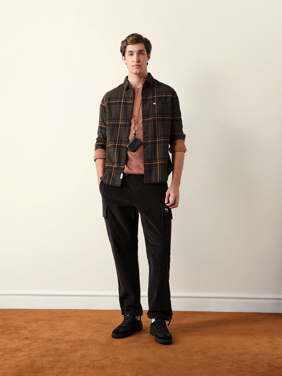 Olive Woven Checked Slim Fit Casual Shirt