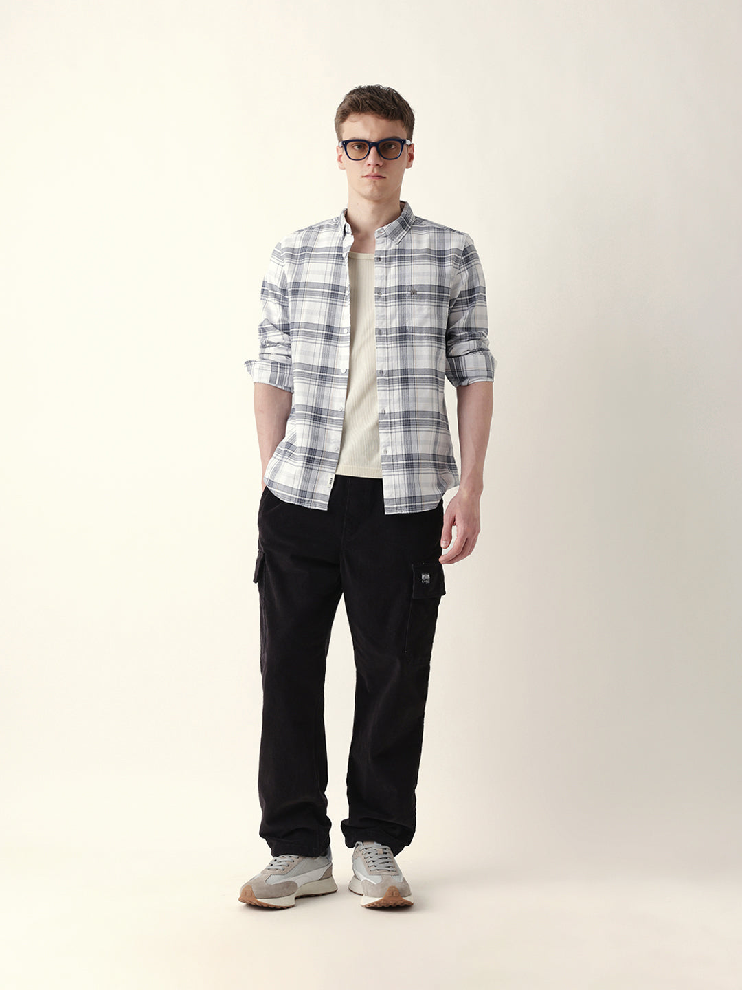 White Woven Checked Slim Fit Casual Shirt