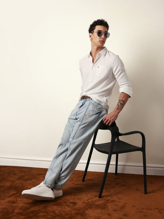 White Woven Solid Slim Fit Casual Shirt