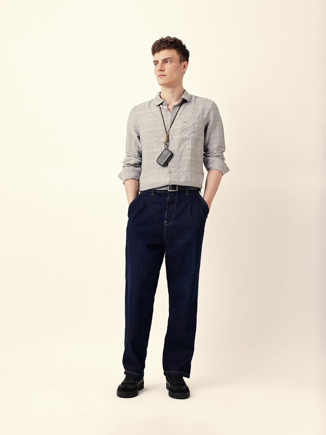 Grey Slim Fit Casual Shirt with Woven Textured Check Design