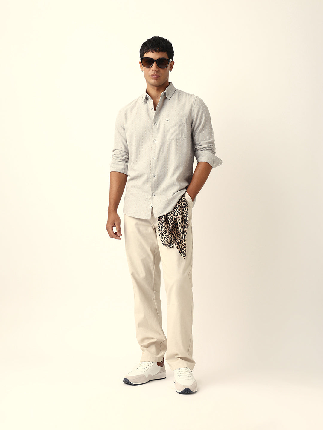 Grey Vertical Striped Slim Fit Casual Shirt with Textured Stitch Detailing