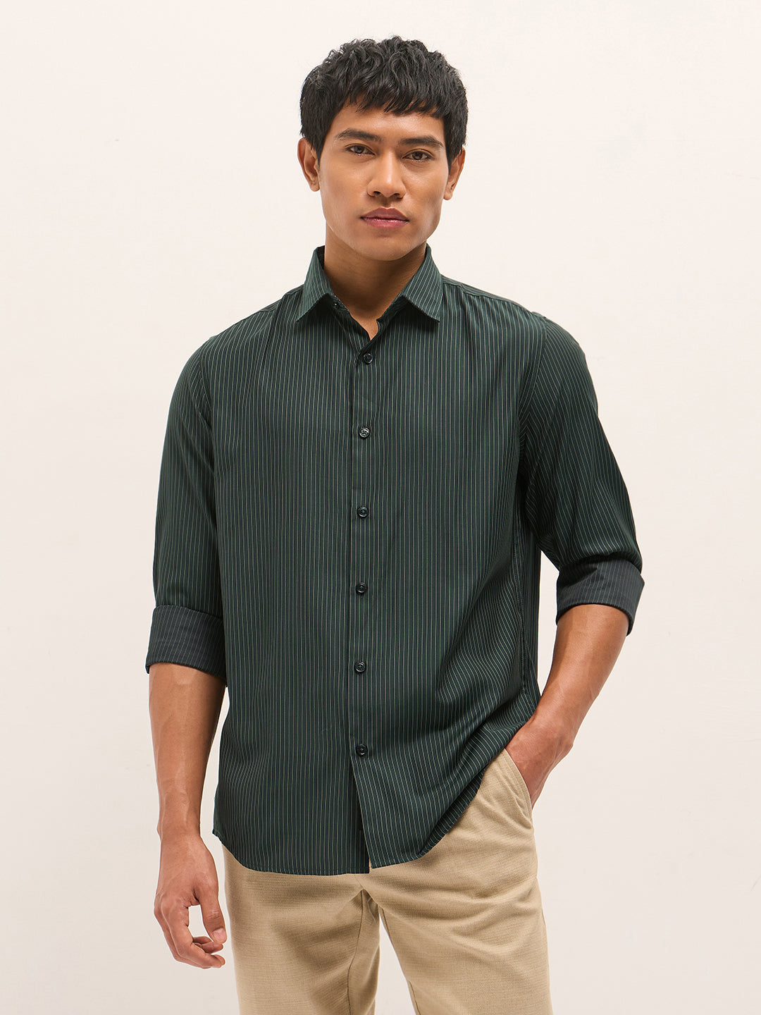 Green Woven Pin Stripe Design Tailored Fit Formal Shirt