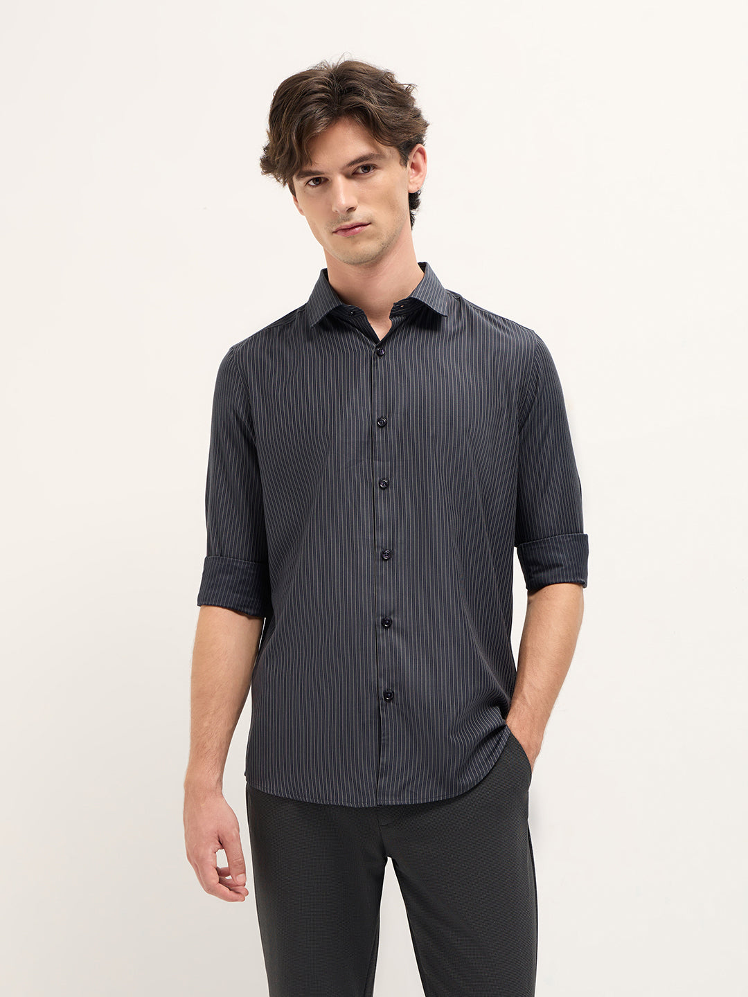 Dark Grey Woven Pin Stripe Design Tailored Fit Formal Shirt
