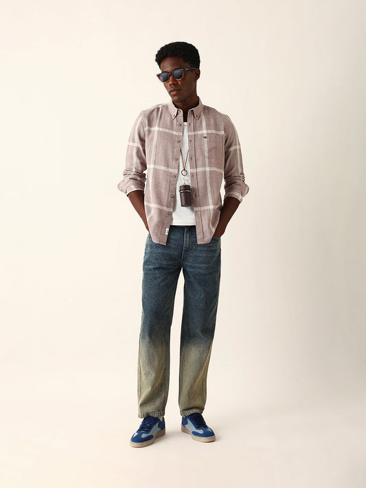 Mauve brown & Beige Woven Checked Slim Fit Casual Shirt with Button-Down Collar