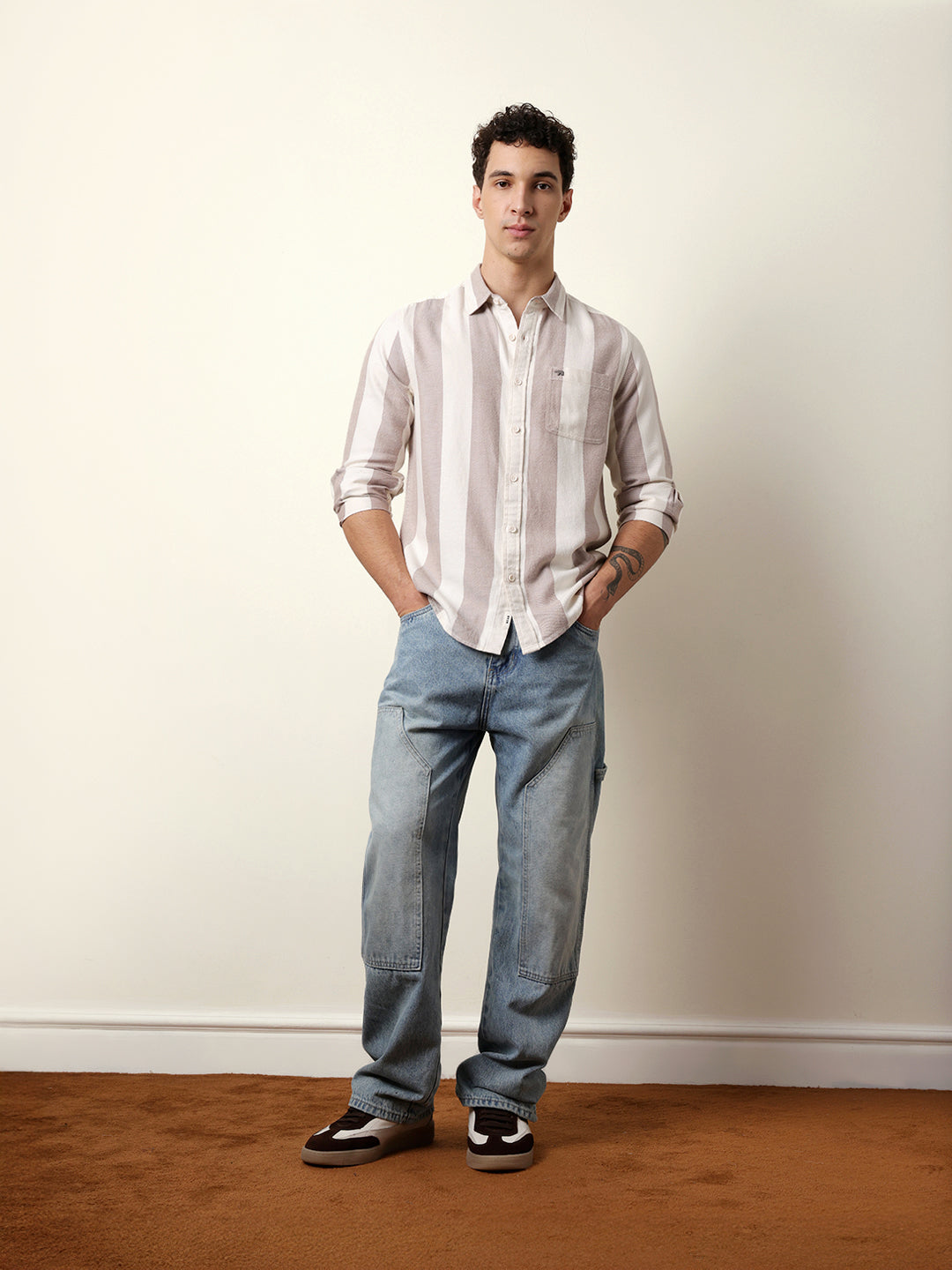 Rust & Cream Vertical Stripe Regular Fit Casual Shirt