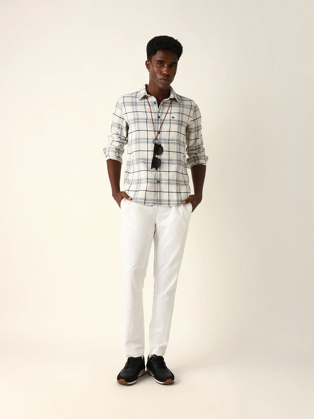 White & Grey Herringbone Flannel Checked Regular Fit Casual Shirt