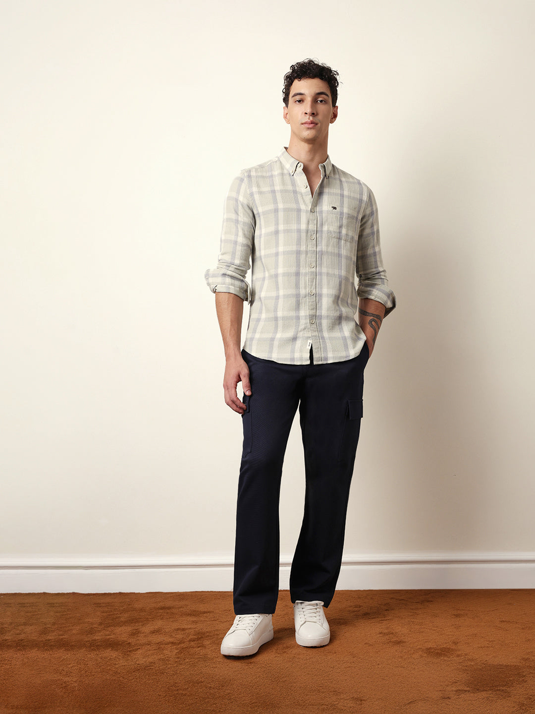 Light Green Textured Woven Check Slim Fit Casual Shirt